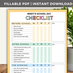 School Day Checklist Printable Fillable PDF, Kids Daily Routine Chart, Responsibility Chart, Before School, After School, Daily Task Tracker