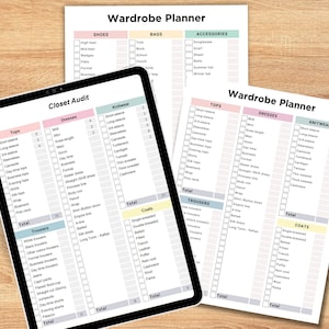 May include: A printable wardrobe planner checklist with sections for tops, dresses, knitwear, trousers, and coats. The checklist includes a variety of clothing items, such as short-sleeve tops, long-sleeve tops, cardigans, and dresses.