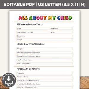 Folha de creche Tudo sobre meu filho, Formulário de creche para impressão, Questionário de informações sobre a criança, Modelo de creche, Sobre mim na pré-escola, PDF preenchível