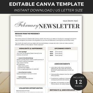 Relief Society Newsletter Canva Template, Editable Monthly LDS Newsletter Template for Young Women, 12 Months Editable Newsletter Minimalist