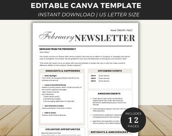 Relief Society Newsletter Canva Template, Editable Monthly LDS Newsletter Template for Young Women, 12 Months Editable Newsletter Minimalist