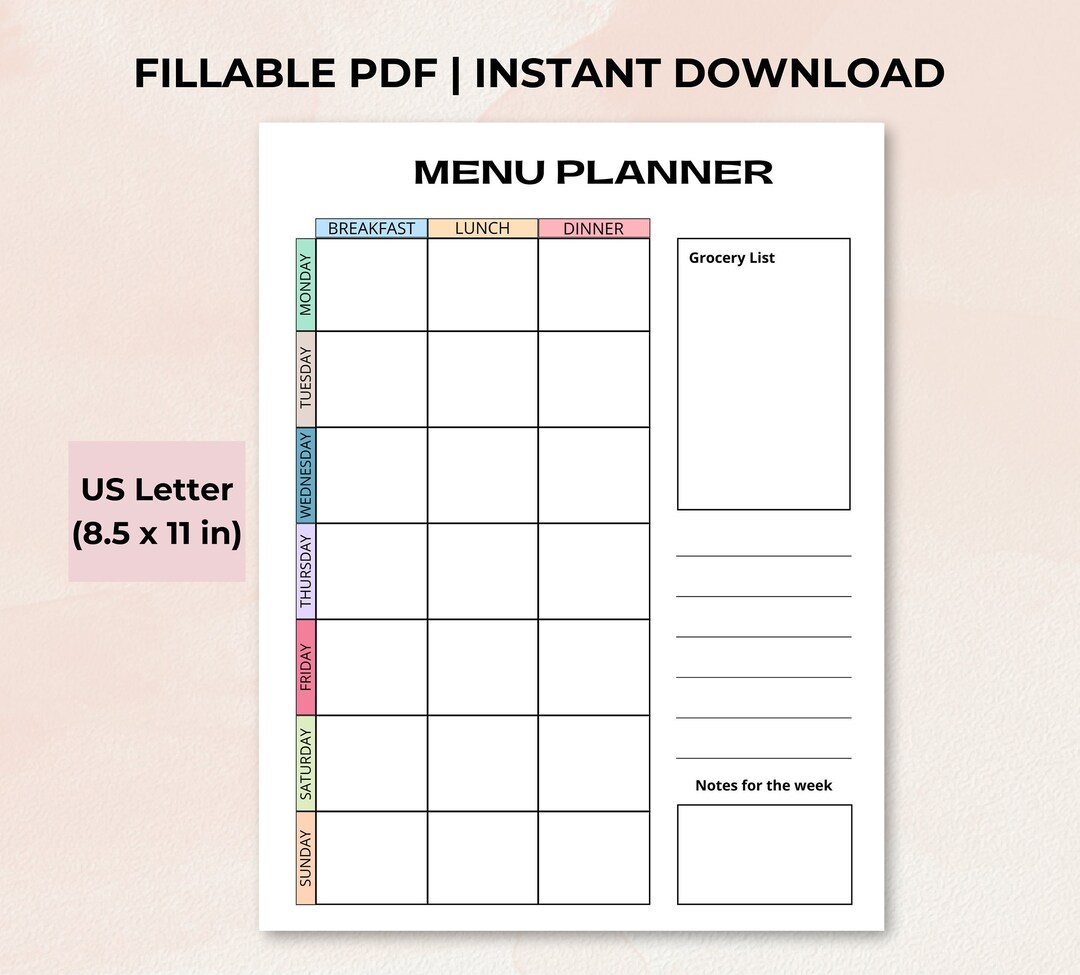 Meal Planner Template Weekly Meal Planner Printable, Grocery List, Menu Planner Printable ...