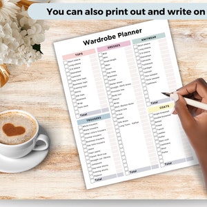 May include: A printable wardrobe planner checklist with categories for tops, dresses, trousers, knitwear, and coats. The checklist includes various clothing items such as short sleeve tops, long sleeve tops, mini dresses, maxi dresses, white trousers, black trousers, cardigans, and coats.