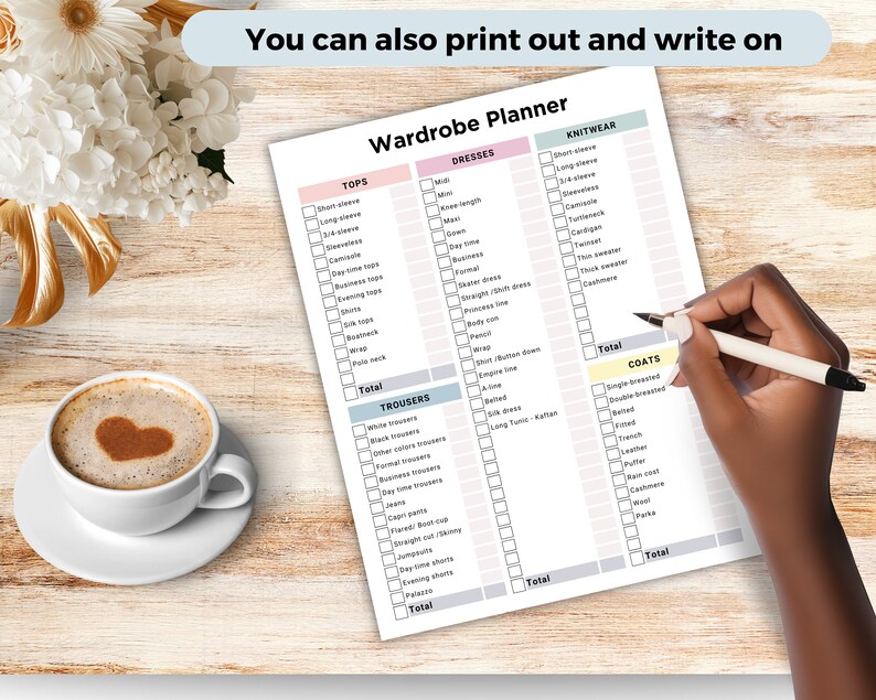 May include: A printable wardrobe planner checklist with categories for tops, dresses, trousers, knitwear, and coats. The checklist includes various clothing items such as short sleeve tops, long sleeve tops, mini dresses, maxi dresses, white trousers, black trousers, cardigans, and coats.