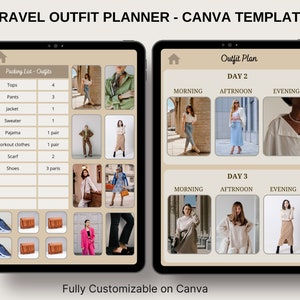 Digitale outfitplanner garderobe-organisator, bewerkbare canvassjabloon, afdrukbare reisoutfitplanner, vakantie-outfitkalender, persoonlijke stijl