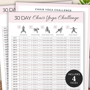 30 Day Chair Yoga Challenge, Quick Office Workout, Sitting Workout, Chair Exercises Guide, Seated Fitness Exercise For Seniors Printable