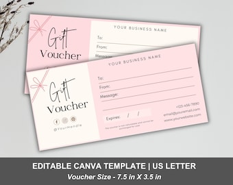 Editable Gift Certificate Template, Beauty Business Supplies, Estheticians Salon, Lash, Hair, Nails Tech Pink Gift Voucher, Canva Template