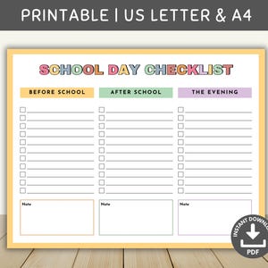 School Day Checklist Printable, Kids Daily Routine Chart, Responsibility Chart, Before School, After School, Chore Chart, Daily Task Tracker