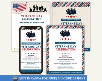 Veterans Day Event Flyer Template, Editable Canva Template, Patriotic Party Invite, Customizable Veterans Day Celebration Invitation Flyer