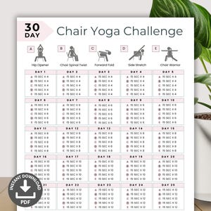 30 Day Chair Yoga Challenge, Quick Office Workout, Sitting Workout, Chair Exercises Guide, Seated Fitness Exercise For Seniors Printable