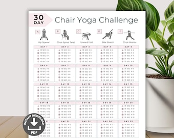 30 Day Chair Yoga Challenge, Quick Office Workout, Sitting Workout, Chair Exercises Guide, Seated Fitness Exercise For Seniors Printable