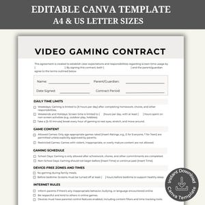 May include: A printable video game contract template for parents and children to set screen time limits, game content restrictions, and device-free zones. The contract includes sections for daily time limits, game content, gaming schedule, device-free zones and times, and internet rules.