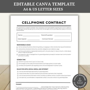 Cell Phone Contract, Editable Canva Template, Parent Teen Smartphone Agreement, Kid Teen Cell Phone Agreement, Screen Time Rules, Printable