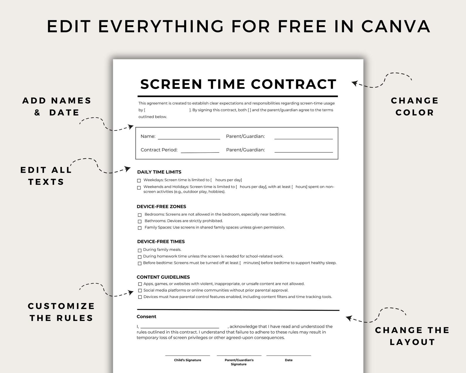 Editable Screen Time Contract, Kids Technology Rules, Family ...