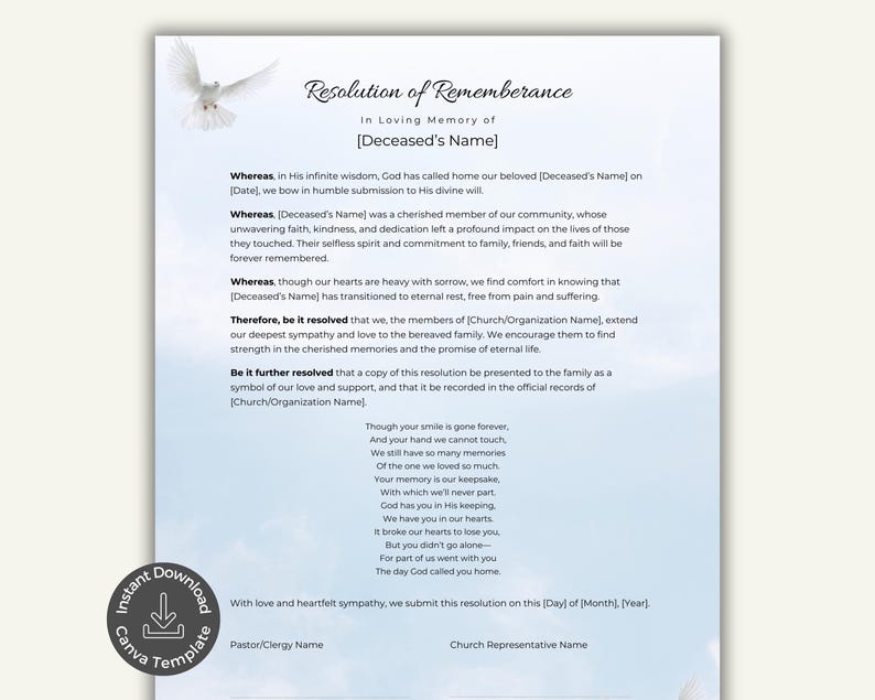 Funeral Resolution Letter, Editable Canva Template, Funeral Poem ...