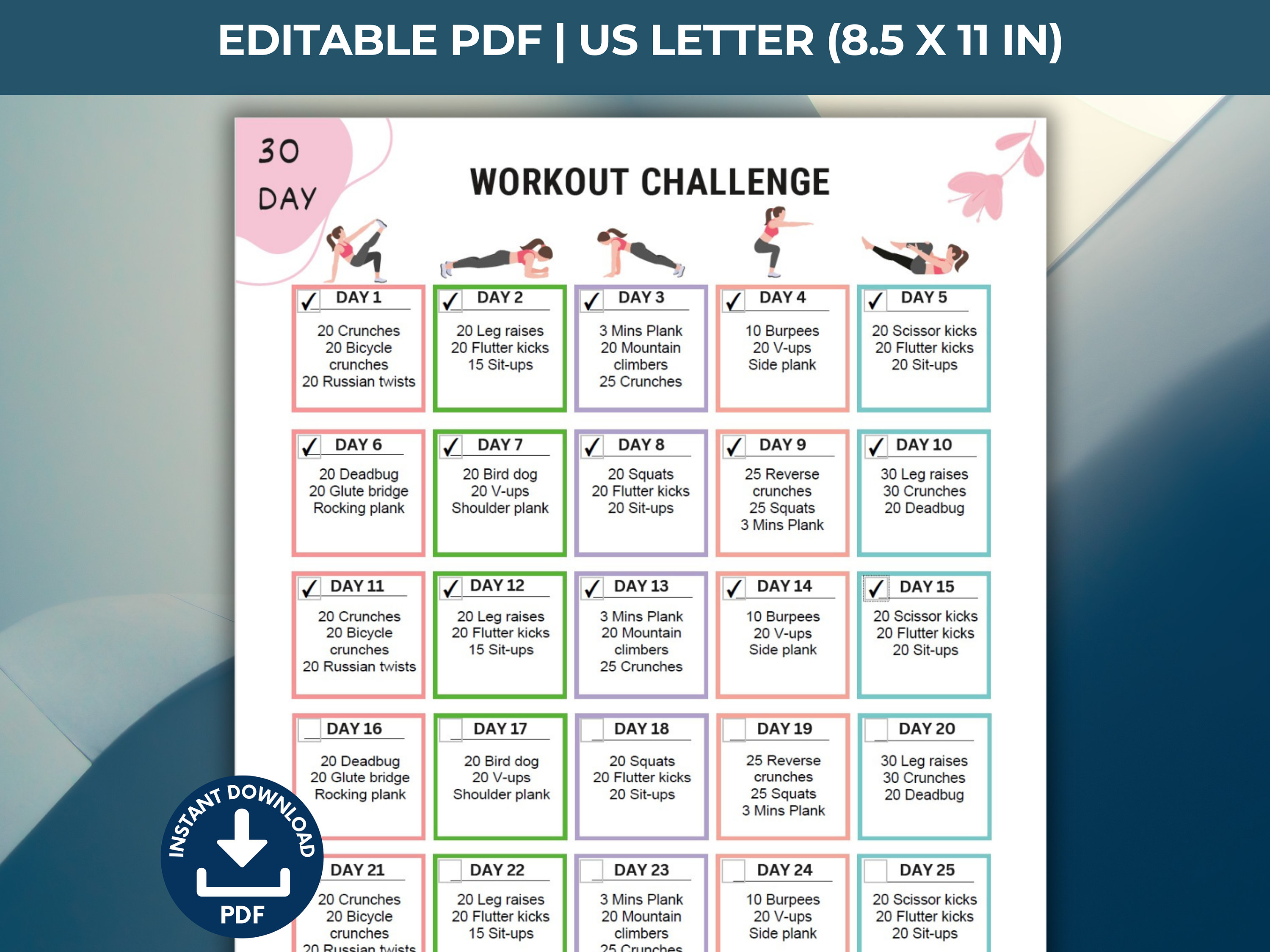 30 Day Workout Challenge Template Editable PDF Exercise Planner ABS