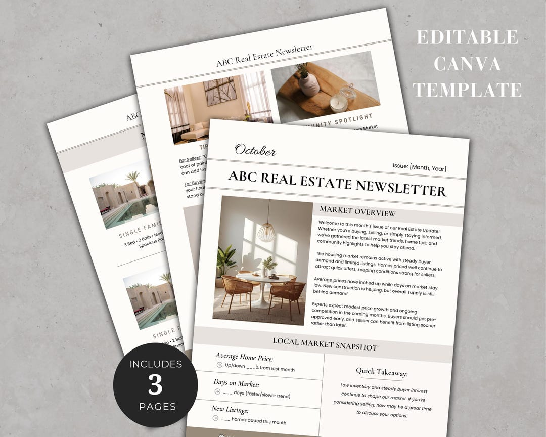 Real Estate Newsletter Template, Editable Monthly Real Estate Marketing ...