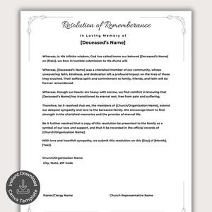 Carta de resolución para funeral, Apoyo para servicio conmemorativo de la iglesia, Programa minimalista de homenaje y conmemoración, Plantilla editable de Canva