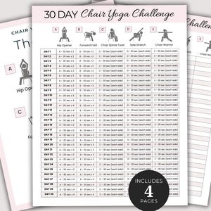 30 Day Chair Yoga Challenge, Quick Office Workout, Sitting Workout, Chair Exercises Guide, Seated Fitness Exercise For Seniors Printable