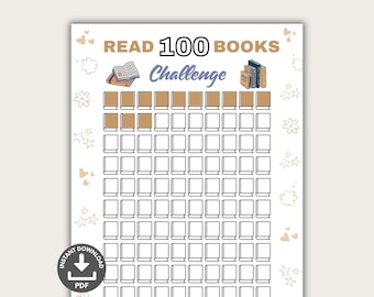 May include: A printable reading challenge tracker with a white background and brown and blue illustrations of books. The tracker has 100 squares to fill in as you read books. The text "READ 100 BOOKS CHALLENGE" is at the top of the page.