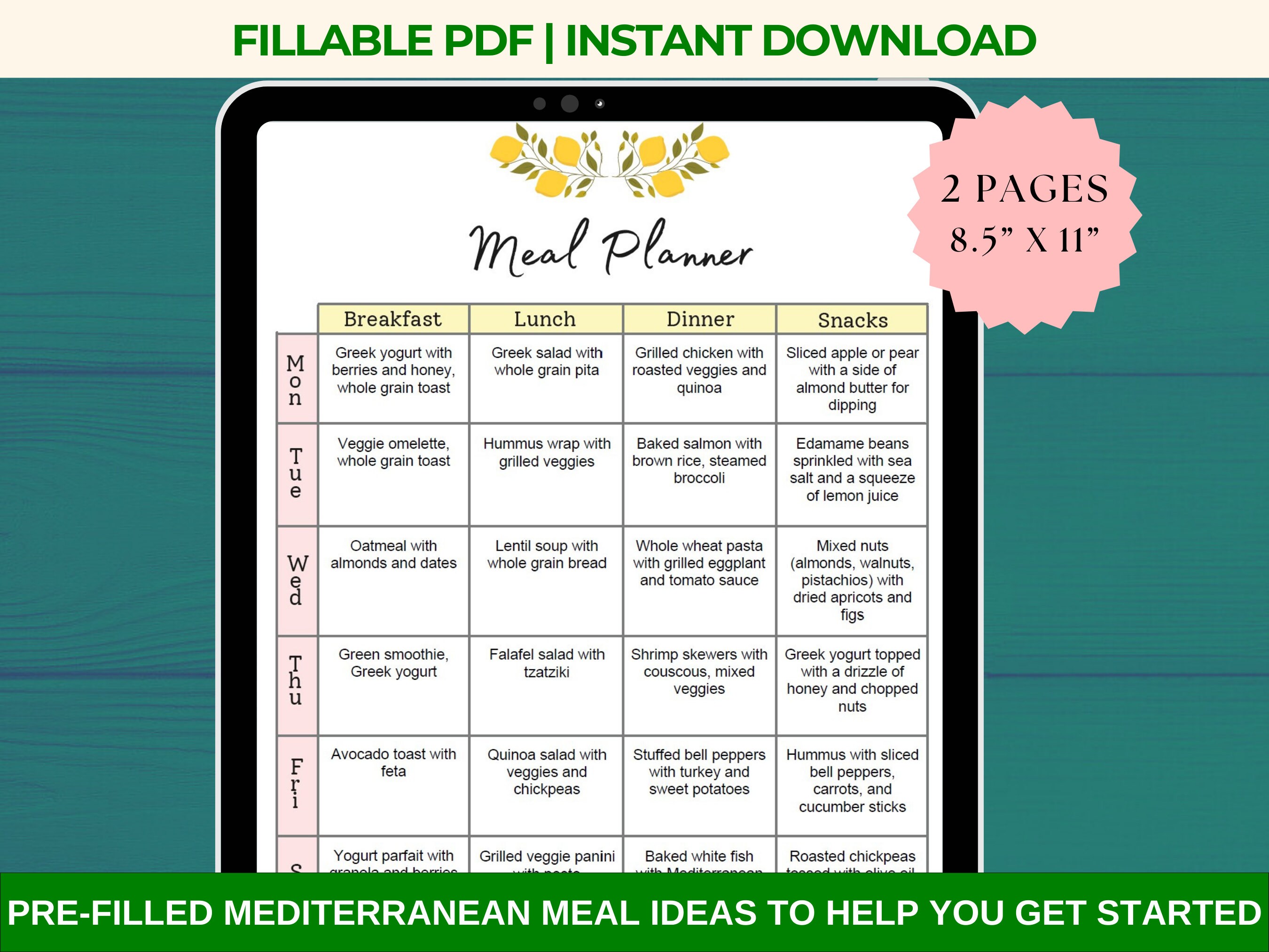 Weekly Meal Planner Editable PDF Grocery List, Printable