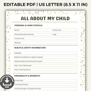 Folha de creche Tudo sobre meu filho, Formulário de creche para impressão, Questionário de informações sobre a criança, Modelo de creche, Sobre mim na pré-escola, PDF preenchível