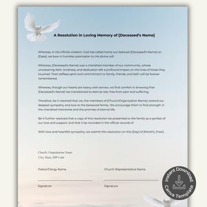 Resolución para un funeral de pastor, plantilla editable de Canva, apoyo para servicio conmemorativo, nota de condolencia, homenaje de honor y recuerdo de la iglesia