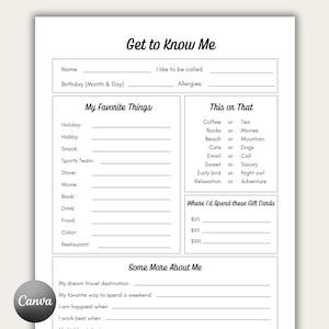 Team Building Get to Know Me Questionnaire, Staff Favorite Things List, New Employee Survey, Get to Know My Team, Editable Canva Template