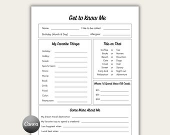 Team Building Get to Know Me Questionnaire, Staff Favorite Things List, New Employee Survey, Get to Know My Team, Editable Canva Template