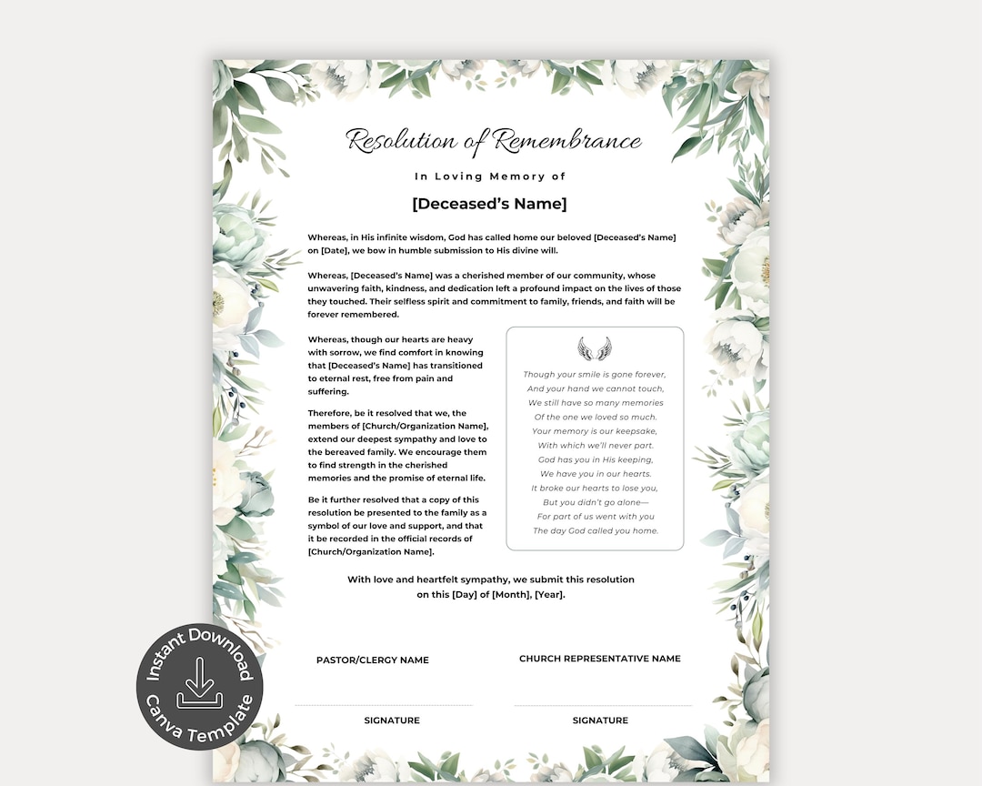 Funeral Resolution Template.pdf Funeral Resolution for a Pastor, Editable Canva Template, Memorial ...