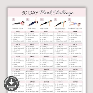 30 Day Plank Challenge Printable, Fitness Guide, Strong Core Workout Plan,  Abs and Core Workout Calendar, Home Fitness Planner, Summer Body