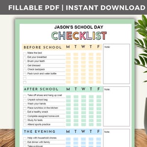 School Day Checklist Printable Fillable PDF, Kids Daily Routine Chart, Responsibility Chart, Before School, After School, Daily Task Tracker
