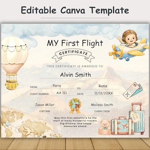 Baby First Flight Certificate, Travel Milestone, Travel Keepsake, Flight Bravery Award, Vintage Plane Certificate, Editable Canva Template
