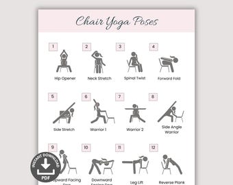 Chair Yoga Poster Printable, Quick Office Workout, Sitting Workout Guide, Seated Fitness Exercise For Seniors, Chair Yoga Poses for Beginner