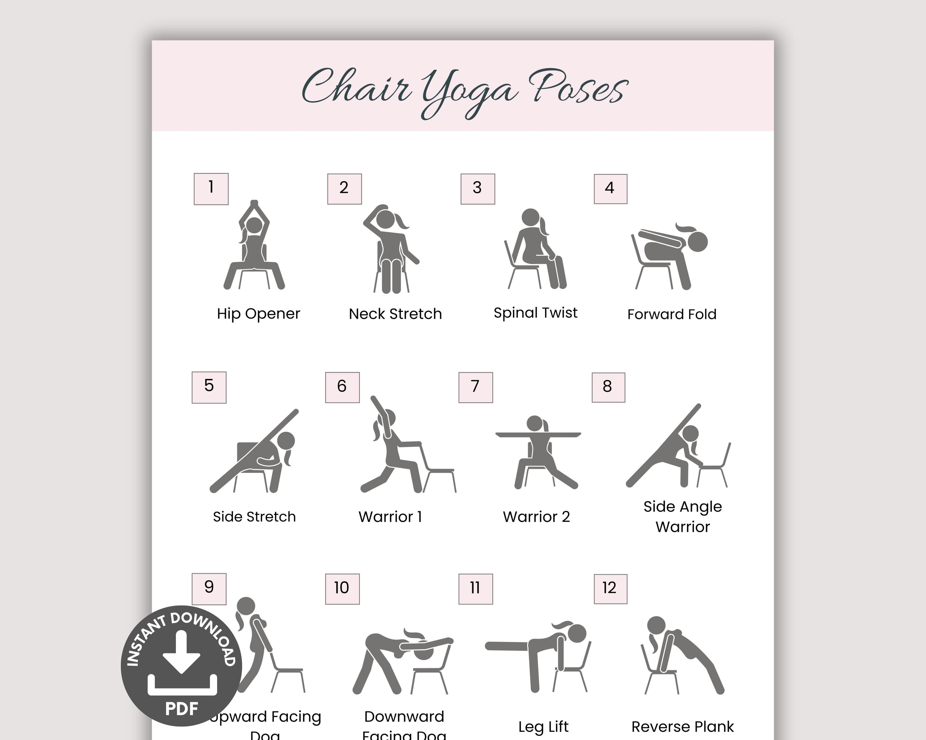 Chair Yoga Poster Printable, Quick Office Workout, Sitting Workout Guide, Seated Fitness Exercise For Seniors, Chair Yoga Poses for Beginner