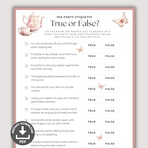 Tea Party Etiquette Game Printable, Tea Party Activities, Kids Tea Party Quiz, Tea Party Bridal Shower, Birthday Game, Sunday School Game