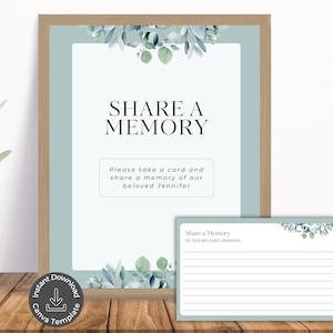 Plaque et cartes funéraires en souvenir, carte commémorative personnalisable verdure, modèle modifiable sur toile souvenir de célébration de la vie, boîte à souvenirs