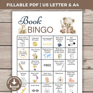 Book Bingo Printable, Reading Challenge, Book Clube Games, Reading Log, Reading Tracker, Book Bingo for Kids, Reading Journal, Fillable PDF