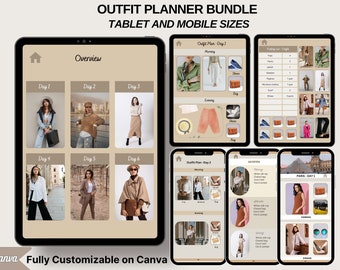 Bundle di organizzatori di guardaroba per pianificatori di outfit digitali, pianificatore di outfit da viaggio stampabile, modello Canva modificabile, calendario di outfit, stile personale