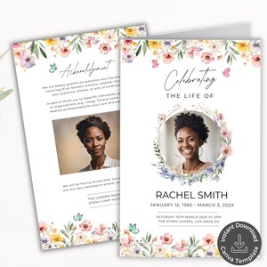 Op de afbeelding: Een bloemig rouwprogramma sjabloon met een foto van een vrouw in een ronde lijst. De tekst luidt "Viering van het leven van Rachel Smith, 12 januari 1982 - 3 maart 202X. Zaterdag 16 maart 202X om 14:00 uur, The Stony Chapel, Los Angeles."