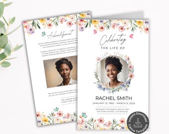 Funeral Program Wildflower, Woman Memorial Service Booklet, Obituary Program, Celebration of Life, In Loving Memory, Editable Canva Template