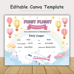 赤ちゃんの初飛行証明書、旅行の記念品（印刷可能）、マイルストーン賞、マイルストーンギフト、バケーションギフト、編集可能なCanvaテンプレート