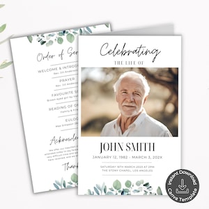 Editable Funeral Program Canva Template, Bi Fold Memorial Program, Celebration of Life, Greenery Obituary, In Loving Memory Order of Service