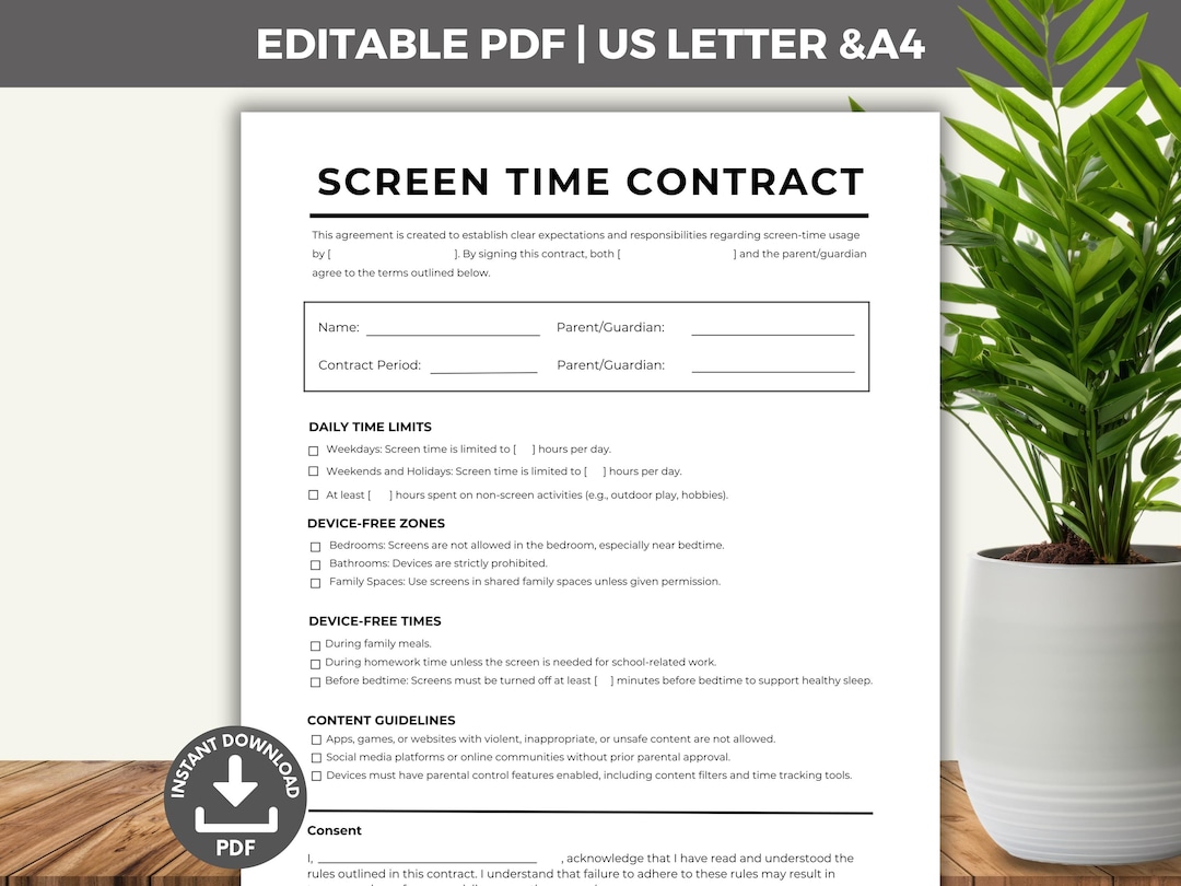Editable Screen Time Contract, Kids Technology Rules, Family ...
