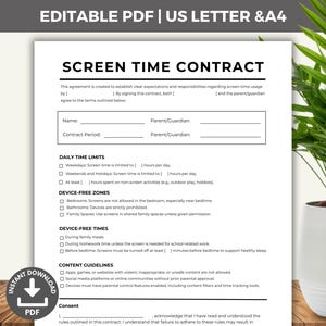 May include: A white screen time contract template with the text "SCREEN TIME CONTRACT" at the top. The document includes sections for daily time limits, device-free zones, and content guidelines. A plant in a white pot is in the background.