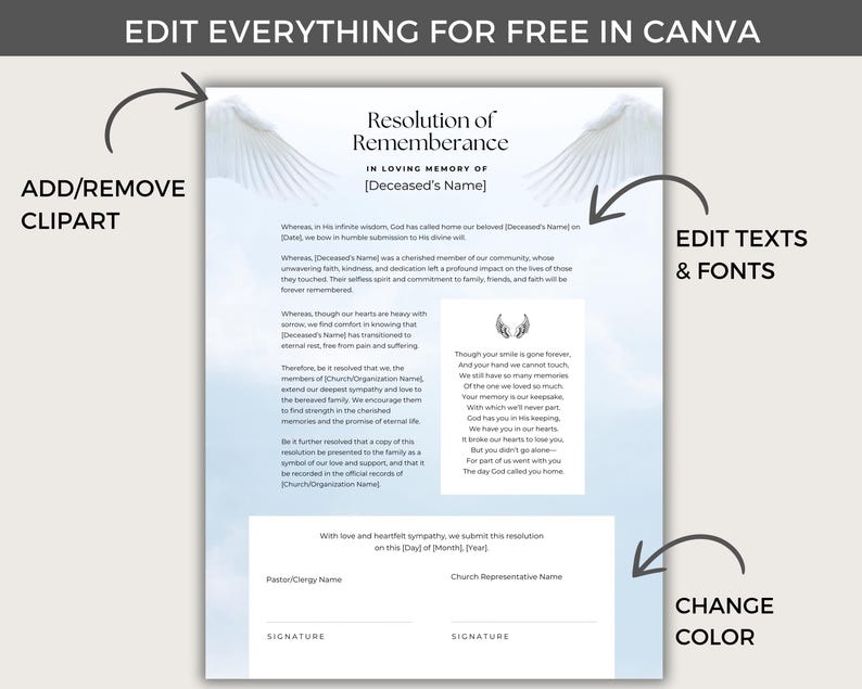 Funeral Resolution Letter, Editable Canva Template, Funeral Poem ...