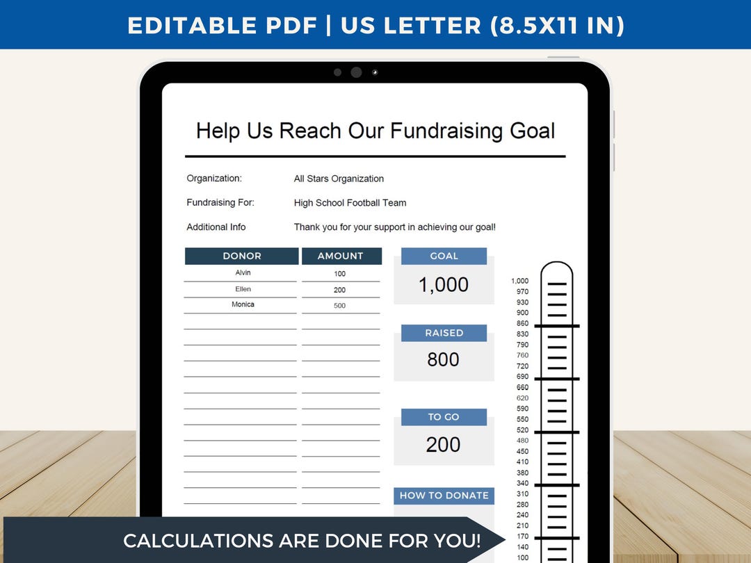 Fundraising Goal Thermometer Printable, Fundraising Form, Fundraising ...