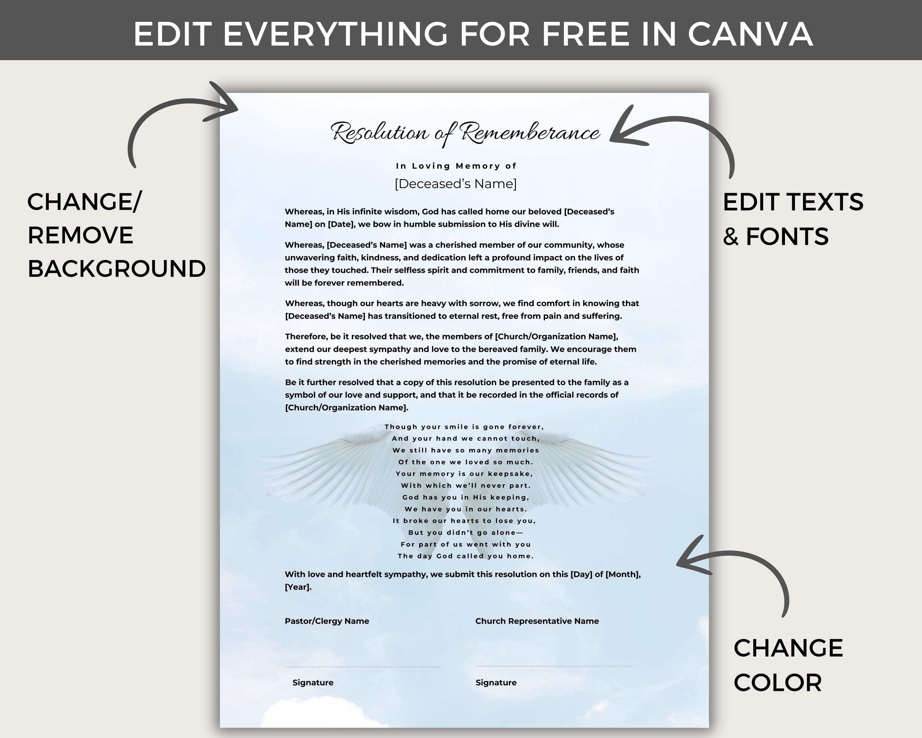 Funeral Resolution Template.pdf Funeral Resolution for a Pastor, Editable Canva Template, Memorial ...