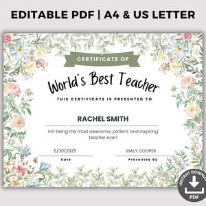 Prêmio de Melhor Professor do Mundo de Aluno, Semana de Valorização do Professor, Presente de Fim de Ano para Professor de Crianças, Prêmio para Impressão PDF Editável e Preenchido