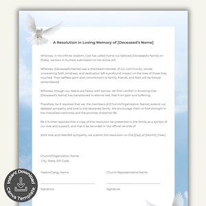 Resolución para un funeral de pastor, plantilla editable de Canva, apoyo para servicio conmemorativo, nota de condolencia, homenaje de honor y recuerdo de la iglesia